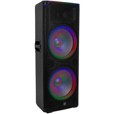 Boxă activă 250 W RMS 2×15" cu Bluetooth, USB, SD, FM, LED BoomTone DJ BOOBS215ALED