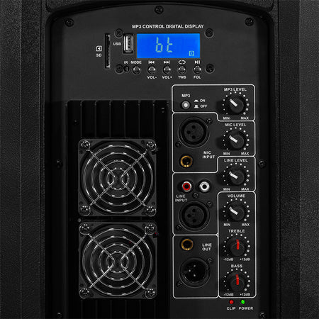 Boxă activă 250 W RMS 2×15" cu Bluetooth, USB, SD, FM, LED BoomTone DJ BOOBS215ALED