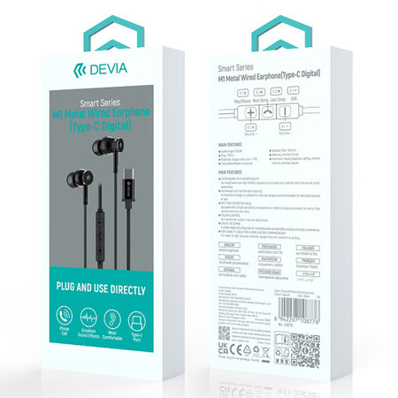 Căști stereo USB-C cu fir, control muzică, 1,2 m, Devia BRA014021