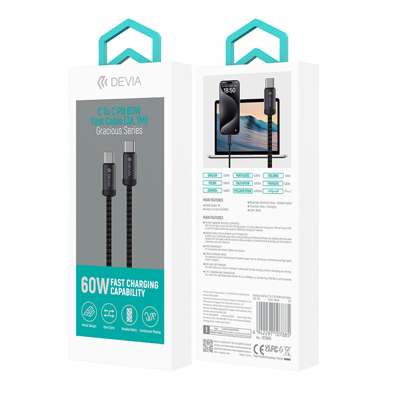 Cablu USB-C la USB-C 1 m, 60 W, 3 A, Power Delivery, negru Devia BRA014026
