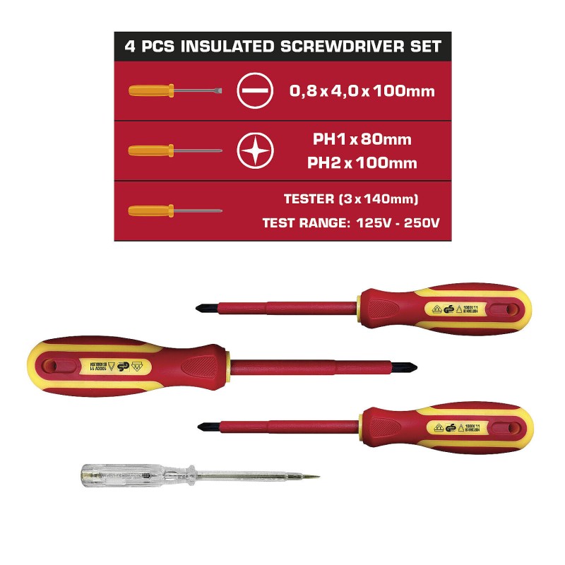Set 4 șurubelnițe izolate VDE 1000 V de electrician cu tester de tensiune Velamp CF144