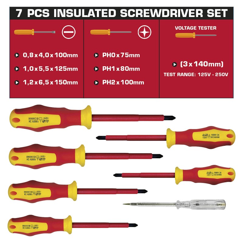 Set șurubelnițe izolate la 1000 V 7 piese cu tester de tensiune Velamp CF170