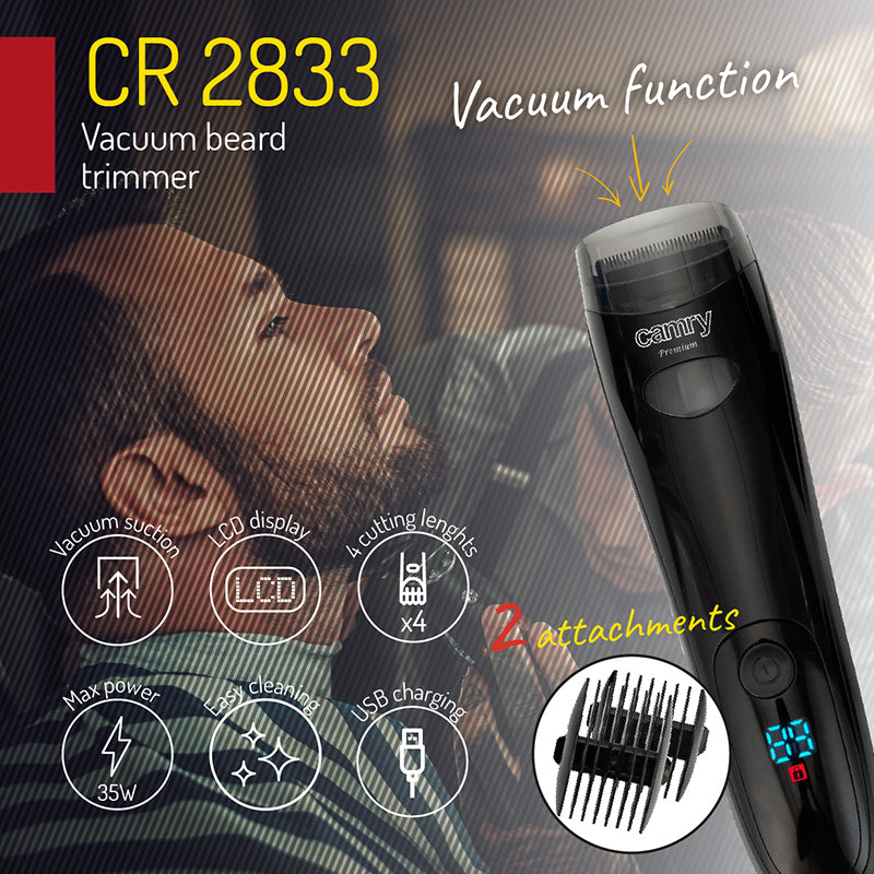 Trimmer pentru barbă cu aspirare, ecran LCD, 2 atașamente, Camry CR2833