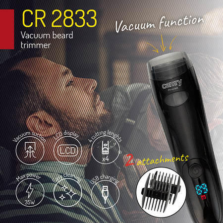 Trimmer pentru barbă cu aspirare, ecran LCD, 2 atașamente, Camry CR2833