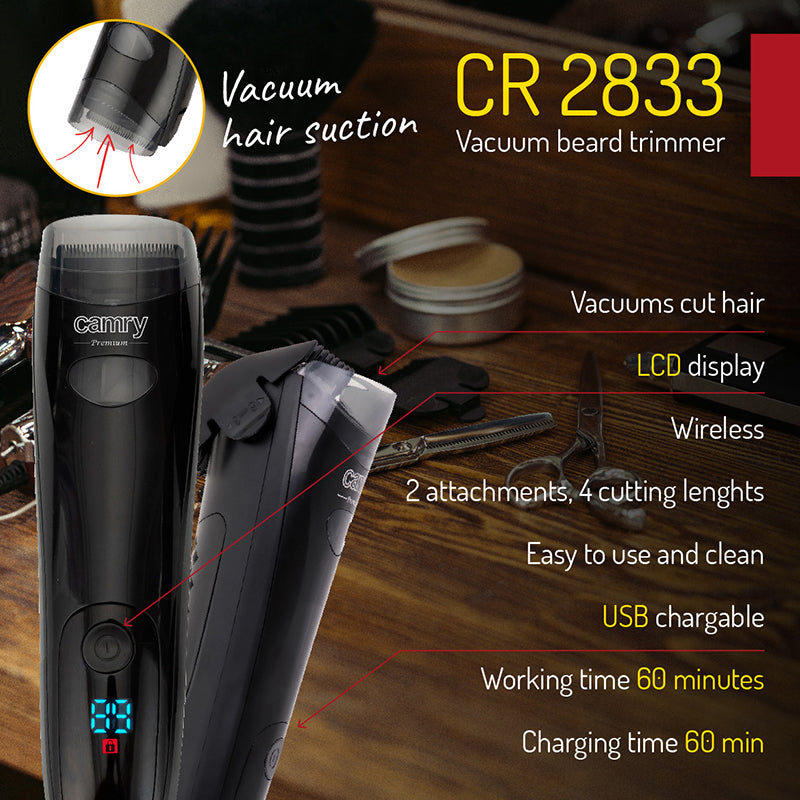 Trimmer pentru barbă cu aspirare, ecran LCD, 2 atașamente, Camry CR2833