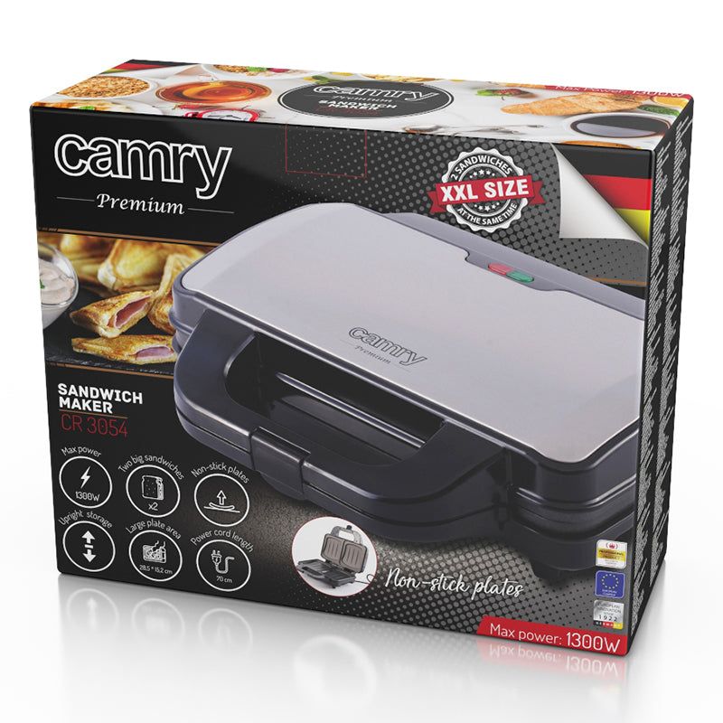 Sandwich maker XL 1300 W, antiaderent, plăci mari, inox Camry CR3054