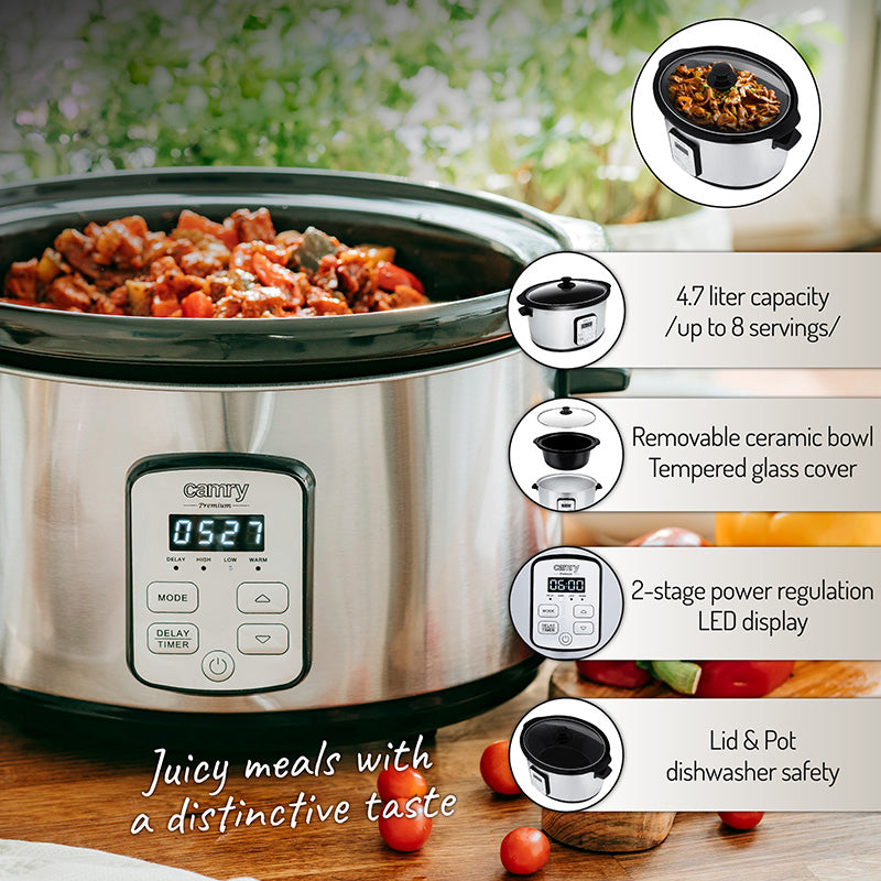 Slow cooker 4,7 l cu bol ceramic, afisaj LED, 270 W Camry CR6414