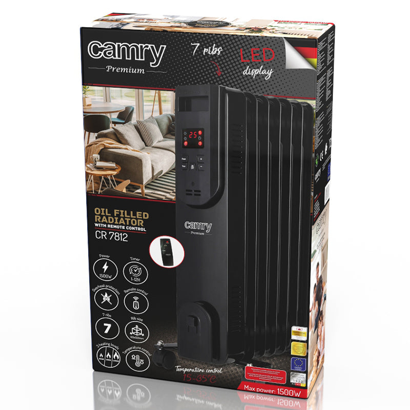 Radiator cu ulei, 7 elementi, LED, 1500 W, telecomandă, Camry CR7812