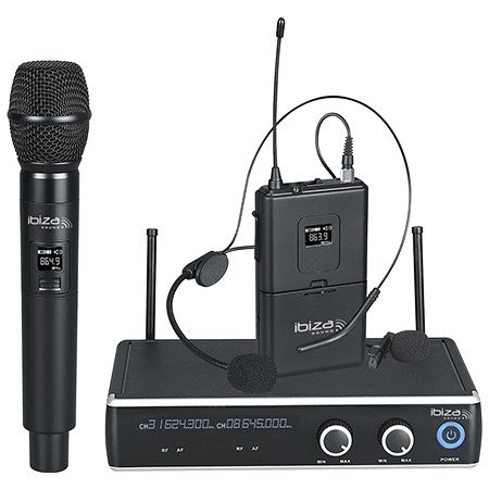 Set 2 microfoane wireless UHF de mână și cască cu receptor dual pe 863,9 / 864,9 MHz Ibiza Sound DR20UHF-HB