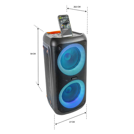 Boxă portabilă 2 × 8 inchi 200 W RMS cu acumulator LED Ibiza Light ERIS400