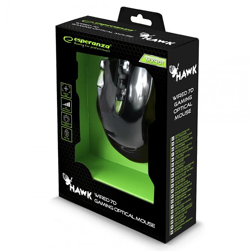 Mouse optic gaming cu fir USB Hawk cu 7 butoane și iluminare verde Esperanza ESP-EGM401KG