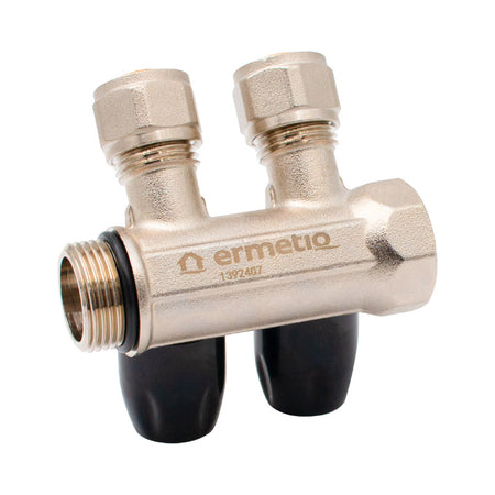Distribuitor unghiular din alamă cromată cu două căi, interax de 36 mm și kit de euroconuri 16 × 2 × 1/2″