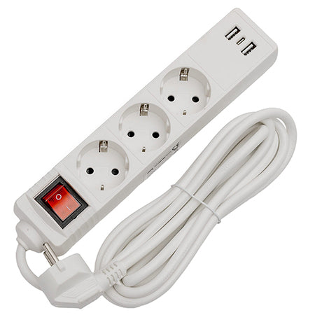 Prelungitor 3 prize cu întrerupător și USB, 1.5 m FL3G15WUSB
