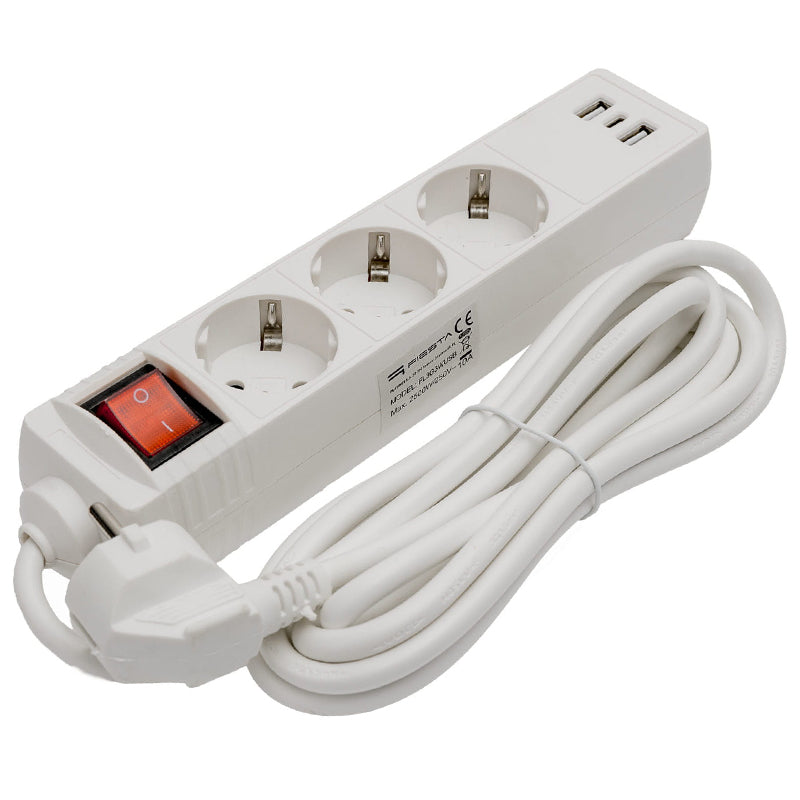 Prelungitor 3 prize cu întrerupător și USB, 1.5 m FL3G15WUSB