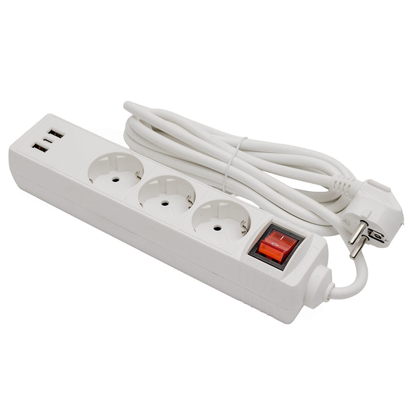 Prelungitor 3 prize cu întrerupător și USB, 1.5 m FL3G15WUSB