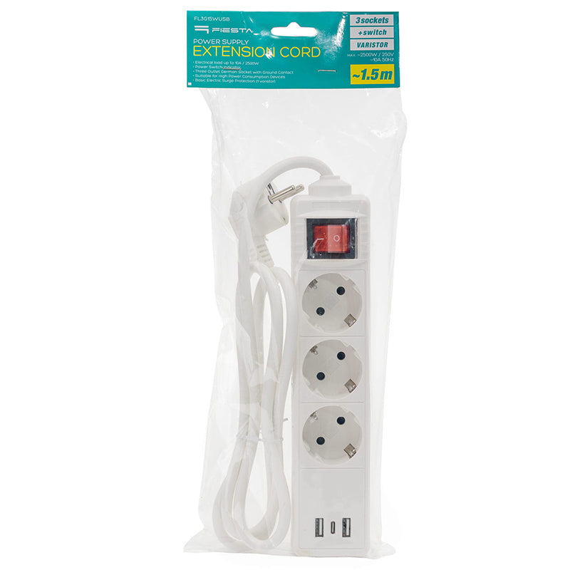 Prelungitor 3 prize cu întrerupător și USB, 1.5 m FL3G15WUSB