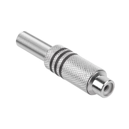 Mufă RCA mamă metalică nichelată pentru montare pe fir