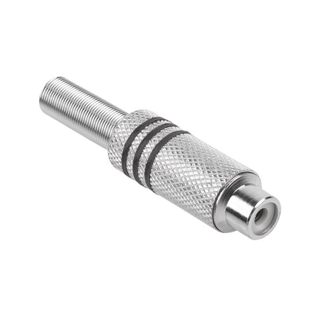 Mufă RCA mamă metalică nichelată pentru montare pe fir