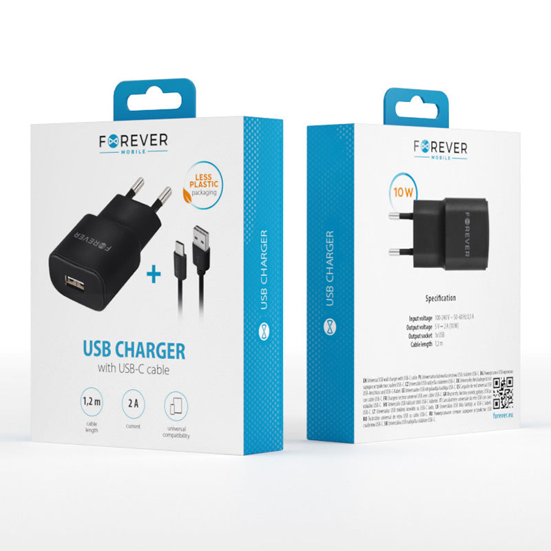 Încărcător de rețea 10 W cu port USB-A 2 A și cablu USB-A / USB-C Forever GSM032681