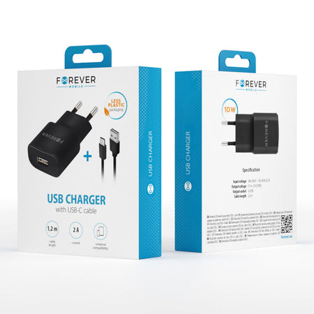 Încărcător de rețea 10 W cu port USB-A 2 A și cablu USB-A / USB-C Forever GSM032681
