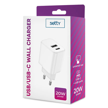 Încărcător rețea USB-C + USB-A fast charging 20 W, alb Setty GSM106083