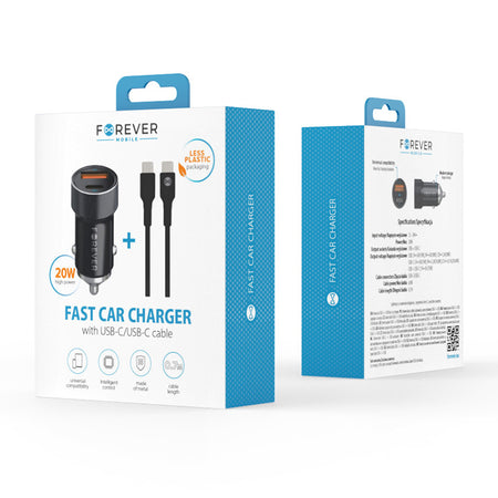 Încărcător auto PD 1 × USB-C 20W și 1 × USB + cablu USB-C 60W Forever GSM172992