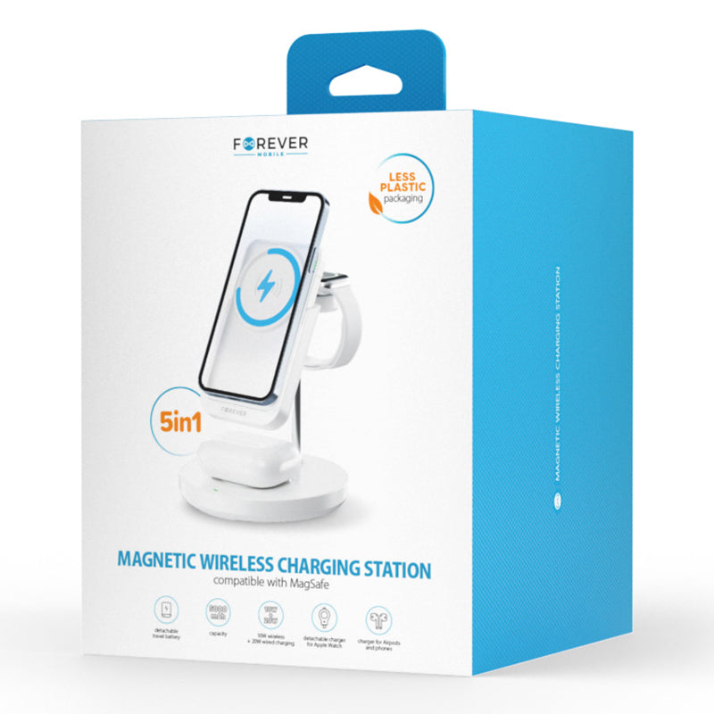 Stație încărcare 5 în 1 cu wireless magnetic, portabilă, albă Forever GSM173083