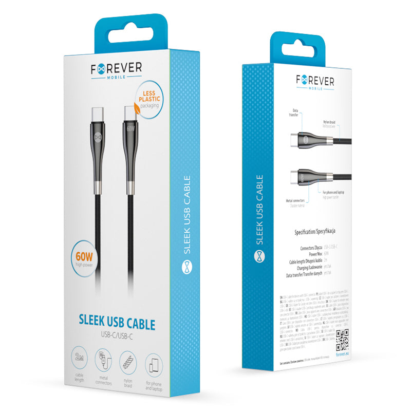 Cablu USB-C la USB-C 2 m 60 W negru Forever GSM180338