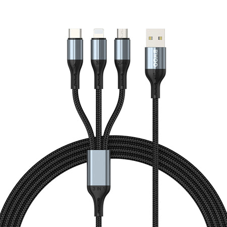 Cablu 3A 3în1 USB la USB-C, Lightning, Micro USB, împletit, 1,2 m, negru Bwoo GSM183258