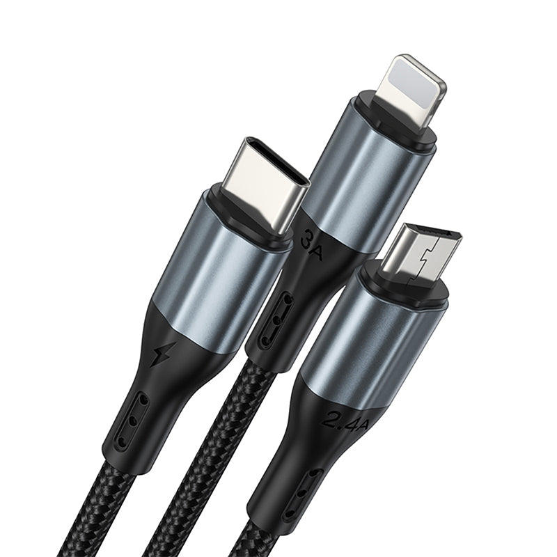 Cablu 3A 3în1 USB la USB-C, Lightning, Micro USB, împletit, 1,2 m, negru Bwoo GSM183258