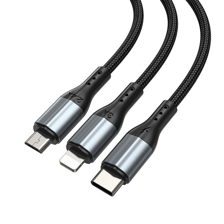 Cablu 3A 3în1 USB la USB-C, Lightning, Micro USB, împletit, 1,2 m, negru Bwoo GSM183258