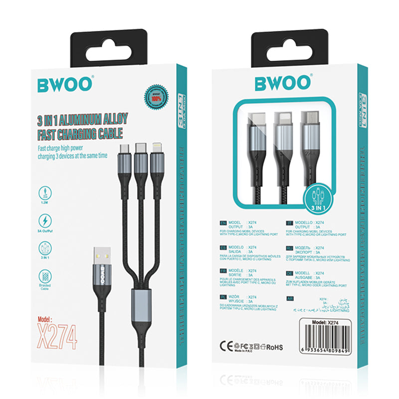 Cablu 3A 3în1 USB la USB-C, Lightning, Micro USB, împletit, 1,2 m, negru Bwoo GSM183258