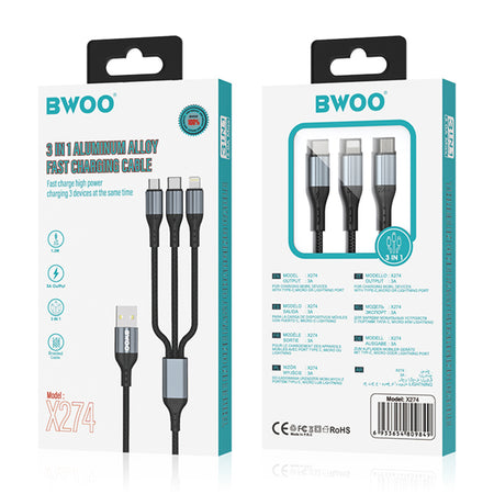 Cablu 3A 3în1 USB la USB-C, Lightning, Micro USB, împletit, 1,2 m, negru Bwoo GSM183258
