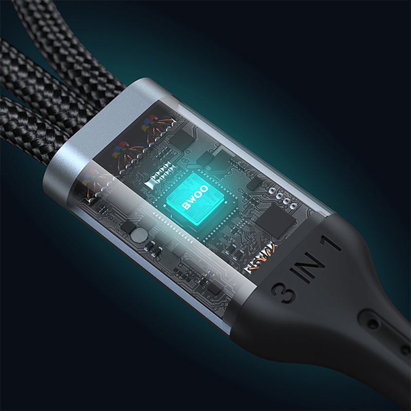 Cablu 3A 3în1 USB la USB-C, Lightning, Micro USB, împletit, 1,2 m, negru Bwoo GSM183258