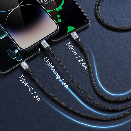 Cablu 3A 3în1 USB la USB-C, Lightning, Micro USB, împletit, 1,2 m, negru Bwoo GSM183258