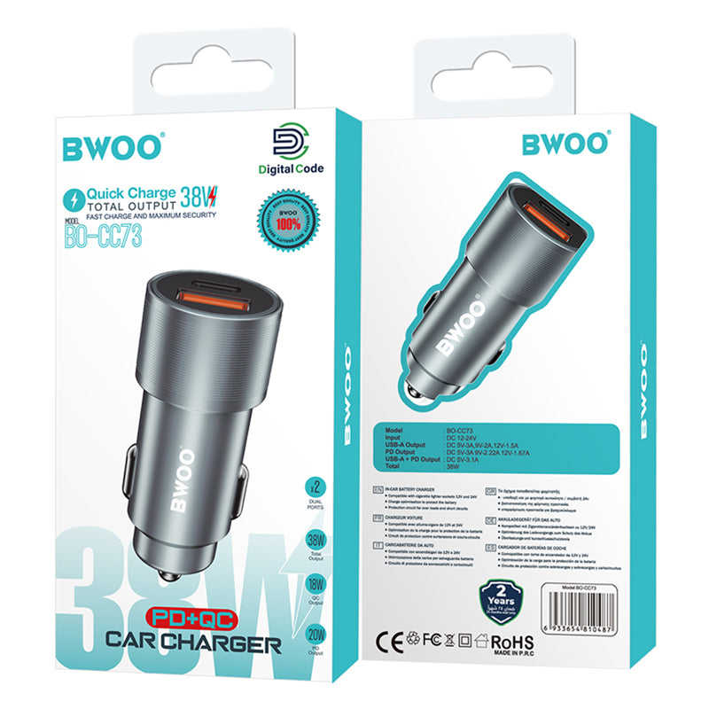 Încărcător auto cu 2 porturi USB 38W cu QC 18W și PD 20W Bwoo