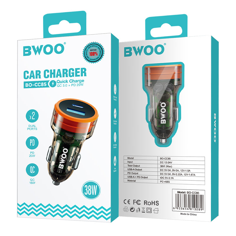 Încărcător auto cu 2 porturi USB 38W cu QC 18W și PD 20W Bwoo