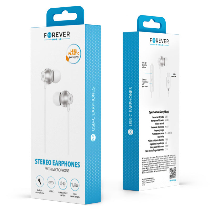 Căști stereo cu mufă USB-C alb cu microfon Forever GSM187600