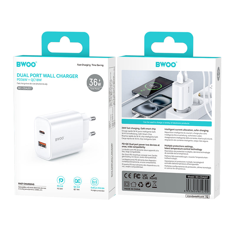 Încărcător rețea 36W USB-C și USB-A fast charge PD QC alb Bwoo GSM191509