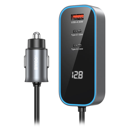 Încărcător auto cu 2 × USB-C și USB-A de 30 W, cu cablu de 1,5 m și afișaj LED Bwoo GSM191510