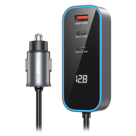 Încărcător auto cu 2 × USB-C și USB-A de 30 W, cu cablu de 1,5 m și afișaj LED Bwoo GSM191510