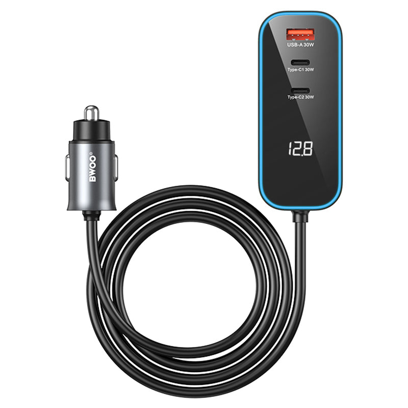 Încărcător auto cu 2 × USB-C și USB-A de 30 W, cu cablu de 1,5 m și afișaj LED Bwoo GSM191510