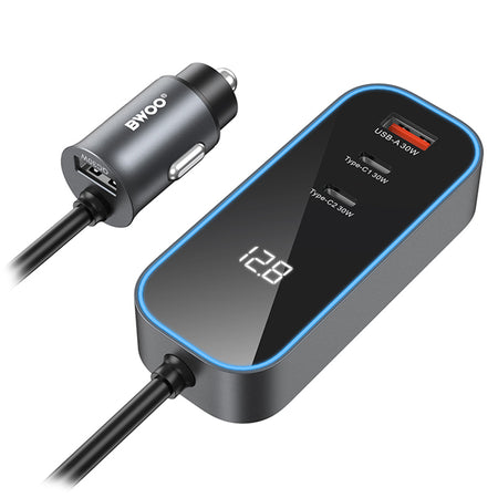 Încărcător auto cu 2 × USB-C și USB-A de 30 W, cu cablu de 1,5 m și afișaj LED Bwoo GSM191510
