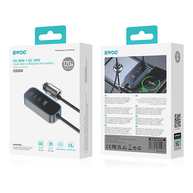 Încărcător auto cu 2 × USB-C și USB-A de 30 W, cu cablu de 1,5 m și afișaj LED Bwoo GSM191510