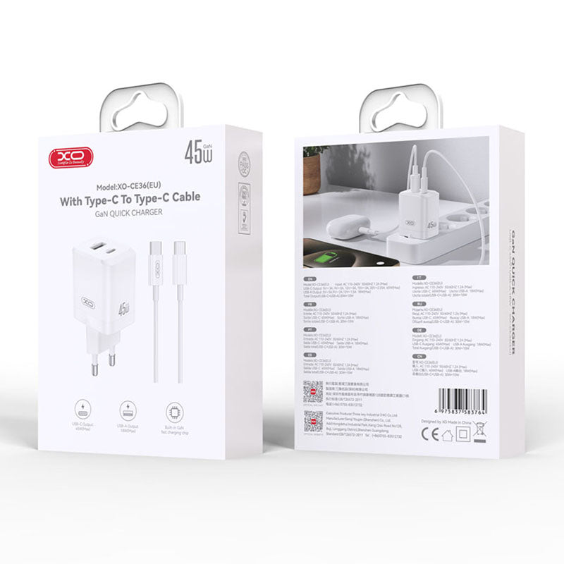 Încărcător rețea PD 45W USB-C și USB-A alb cu cablu 1 m Xo GSM192953