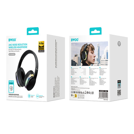 Căști Bluetooth cu anulare activă a zgomotului, iluminare RGB, autonomie 10 ore, Bwoo