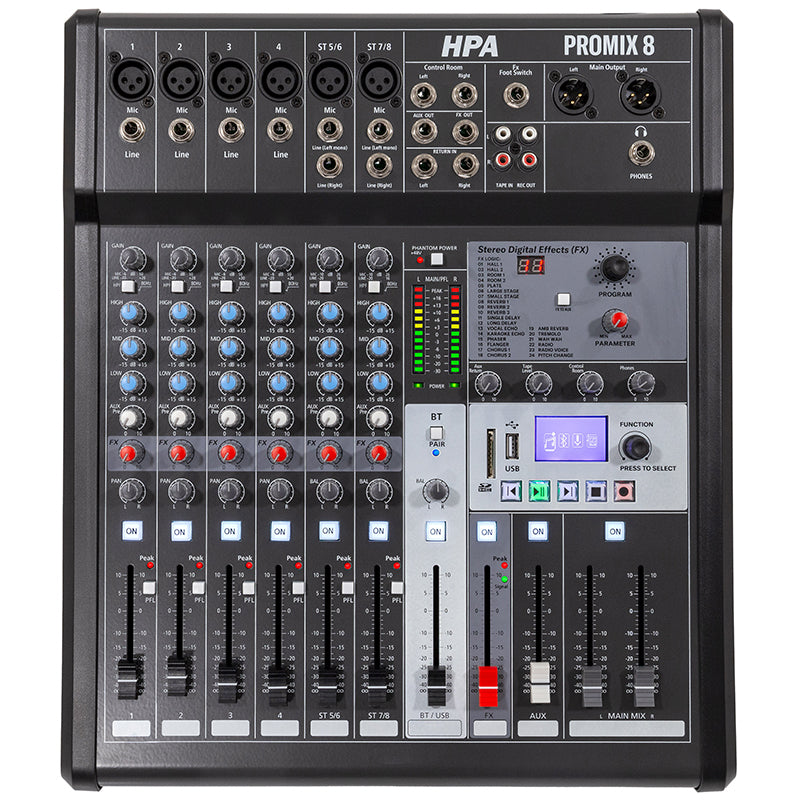 Mixer digital 8 canale cu USB, Bluetooth și alimentare 48 V HPA HPAPROMIX8