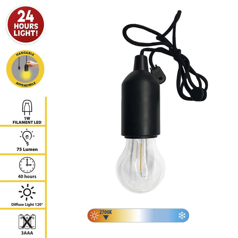 Lampă LED retro cu filament pe baterii, cu lumină caldă și cablu de 100 cm, neagră Velamp IL84-F