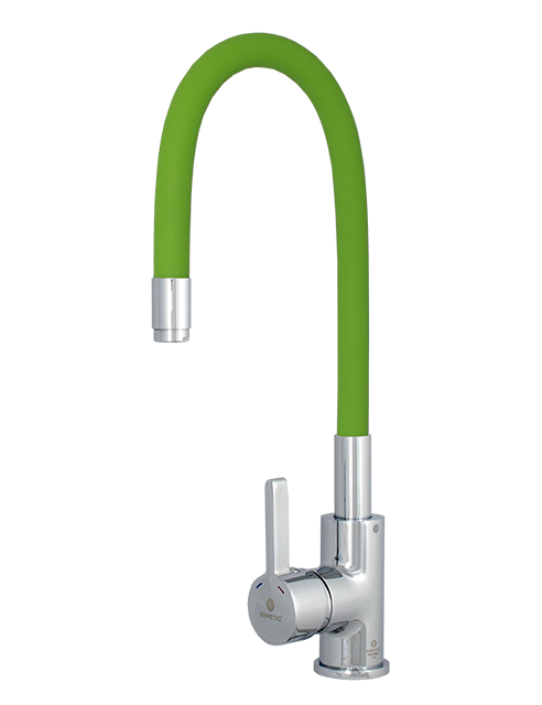 Baterie de bucătărie monocomandă cu pipă flexibilă verde și cartuș ceramic de 35 mm