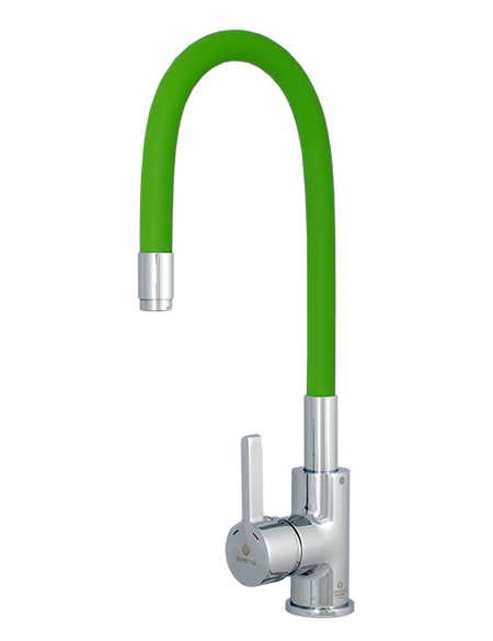 Baterie de bucătărie monocomandă cu pipă flexibilă verde și cartuș ceramic de 35 mm